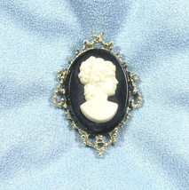 Cameo Brooch Pin White Lady on Black Background Silver Filigree Setting ... - $9.95