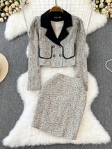 Autumn Winter Elegant Tweed Skirt Sets Office Lady Chic Notched Collar en Jacket - £116.87 GBP