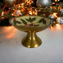 Christmas Vintage Enamel Brass Cloisonne Holly Bells Ribbons Dish 5&quot; Wide India  - £16.19 GBP