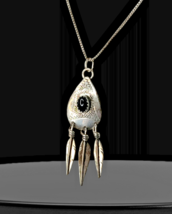 Native American Navajo Signed RH Onyx Pendant Sterling Silver 925 Necklace 18&quot; - £36.10 GBP