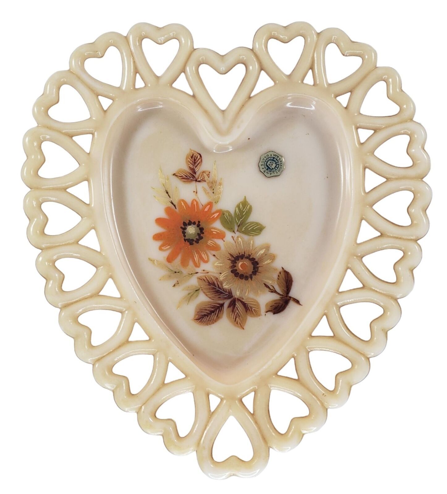 Westmoreland Cream Articulated Heart Plate Trinket Dish Floral Orange Flowers - $29.69