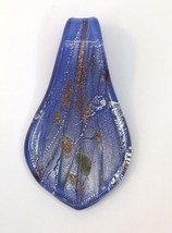 Blue Art Glass Slide Pendant Bead Leaf Teardrop Shape Silver &amp; Copper Tone Green - £9.63 GBP
