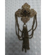 Vintage Retro Gold Tone Filigree Brooch Chains Tassel And Faux Pearl Cen... - £14.67 GBP