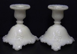 Westmoreland Milk Glass Candlesticks Scroll &amp; Lace with Beaded Rim Vintage - £35.38 GBP