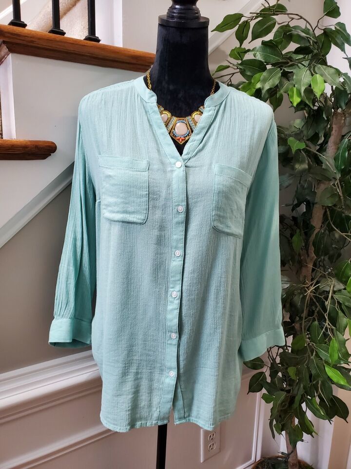 Primary image for Charter Club Women's Solid Aqua Cotton & Viscose V-Neck Long Sleeve Blouse Large