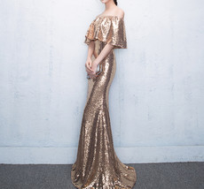 Off Shoulder Gold Sequin Dresses Women Plus Size Long Maxi Sequined Evening Gown image 1
