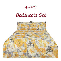 Floral Printed Bed Sheets Set   4-pc Yellow Floral Pattern Full Queen King Size - £28.11 GBP+