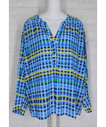 LIOR Ivy Shirt Blue Check Print V Neck High Low Hem Long Sleeves NWT L XL - £61.93 GBP