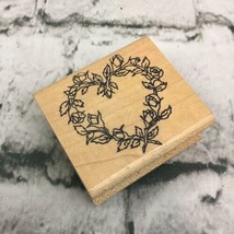 Vintage Rubber Stamp Heart Shaped Floral Wreath 2” Wood Mounted Embossin... - £5.45 GBP