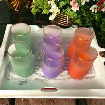 Mid-Century Modern Blendo Frosted Pastel Tumbler Glasses 10oz Gold Rim Set/6 - £52.32 GBP