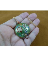 (J515-2) Grass green red flower 35mm round CLOISONNE disk pendant 18&quot; ne... - $435.80 MXN