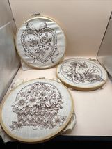 Vintage 1970s Stamped Embroidery Hoop Art Set Heart Mushroom Floral Basket - $19.79