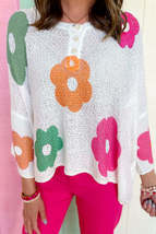 White 60s Flower Print Drop Sleeve Henley Sweater - $38.45