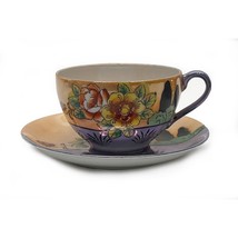 Orange and Purple Lusterware Tea Cup and Saucer Floral Hand Painted Vintage - £7.21 GBP