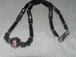 Vintage Various Shaped Black Glass &amp; Plastic with Wedding Bead Center Necklace – - £11.15 GBP