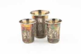 Antique Ukraine Engraved Silver Drinking Cups Set Kiev Zahoder Kiddush - £500.10 GBP