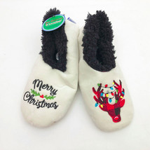 Snoozies Women&#39;s Merry Christmas Plaid Reindeer Slippers Medium 7/8 - $12.86