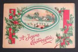A Joyous Christmastide Xmas Holly Farm Snow Scenic View UNP Postcard c1910s - $7.99