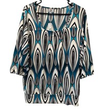 New Worthington Womens Blouse Large Blue White Black Abstract Polyester Stretch - £12.11 GBP