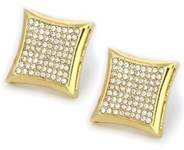 Mens Large 14K Gold Plated Iced Micro Pave CZ 9x9 Kite Screw Back Earrings 22mm - £8.75 GBP