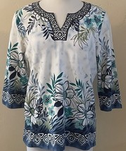Alfred Dunner Womens Size Petite Medium PM Blue White Floral V Neck Top ... - $356.50 MXN