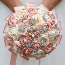 Mhojpik 7.5 Peach Pink Cream Bridal Wedding Bouquet Round Bling Brooch B... - $62.84