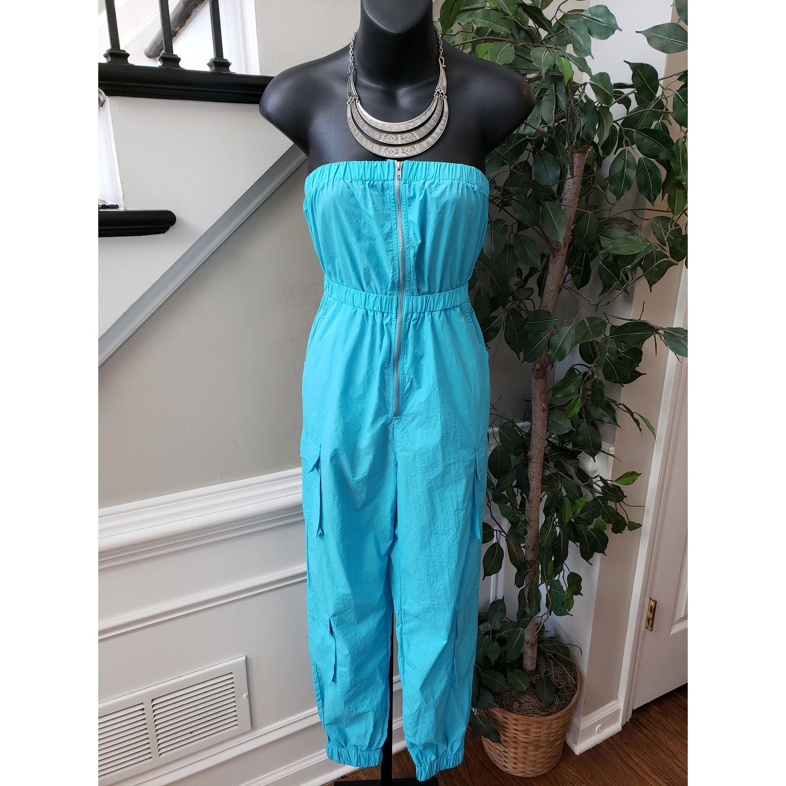 Fashion Nova Jumpsuit Womens S Blue Off Shoulder Pockets Tapered Leg Zip Front Item image 2
