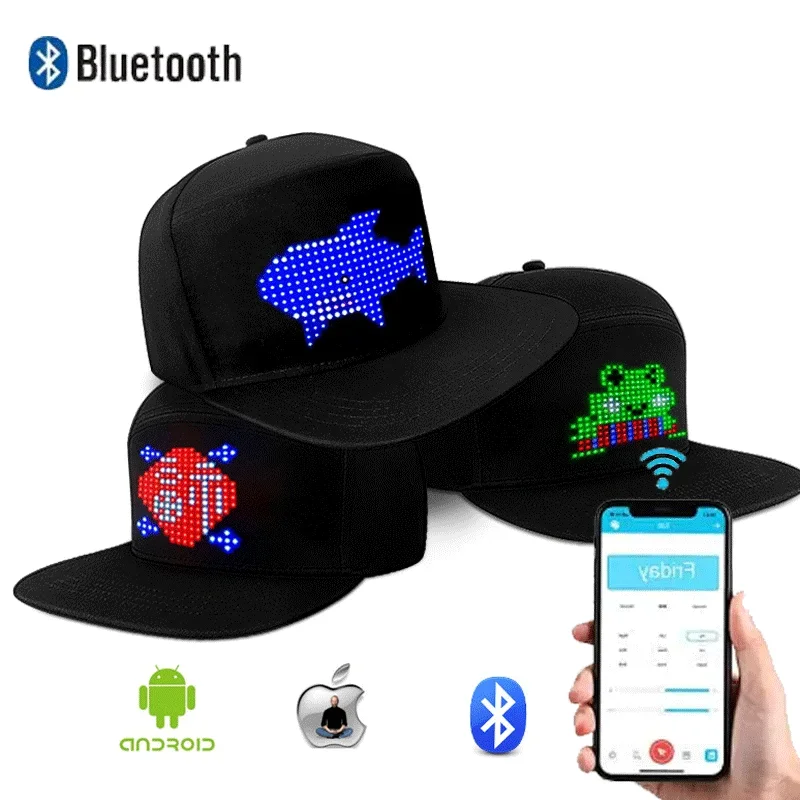 Baseball Hat DIY Soft Cotton Screen Cap USB Rechargeable Pixel Bluetooth LED Hat - £22.16 GBP