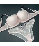 Victoria&#39;s Secret 38DDD BRA SET L panty PINK LACE black ribbon DREAM ANGELS - £62.75 GBP