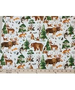 Cotton Who Lives in Woods Woodland Animals White Fabric Print by Yard D6... - $255.81 MXN