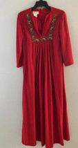 Vtg Red Velour Long Robe House Coat Sz S Dress Nightgown Zip Up Floral Trim 70&#39;s - £19.68 GBP