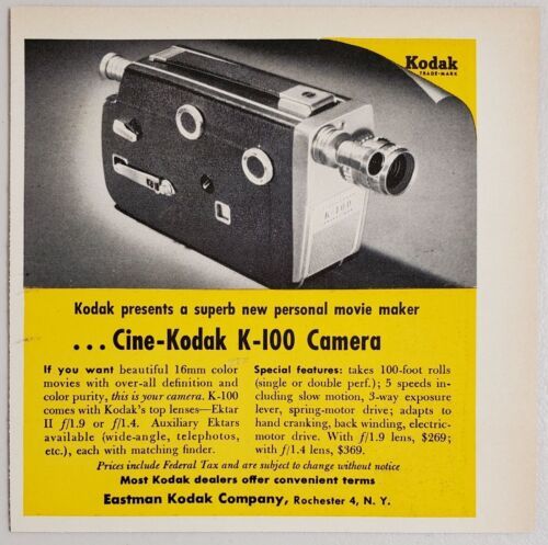 1955 Print Ad Cine-Kodak K-100 16mm Movie Cameras Eastman Rochester,New York - $10.78