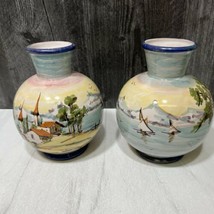 Pair Italian Hand Painted Pottery Vases Numbered Coastal Scene 6&quot; Bulbous - £68.31 GBP
