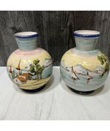 Pair Italian Hand Painted Pottery Vases Numbered Coastal Scene 6&quot; Bulbous - £68.22 GBP