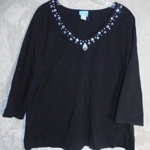 Lark Lane Women&#39;s 1X Embellished 3/4 Sleeve Beads Sequined Knit Top Blac... - $8.86