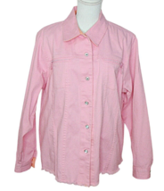 Quacker Factory Pink Rhinestone Raw Hem Fringe Button Up Jacket Shacket ... - £22.65 GBP
