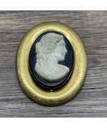 Vintage Black White Celluloid Gold Tone Frame Cameo Brooch Pin Estate Je... - $20.79 CAD