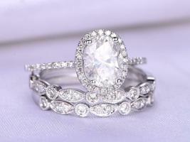 2Ct Oval Cut Diamond Halo Wedding Engagement Trio Ring Set 14k White Gold Over - £95.08 GBP