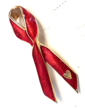 1992 Gigi Enamel Red Ribbon Brooch Cut Out Heart Disease Cancer Awareness Pin - £11.69 GBP