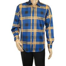 Men's Sports Shirt By Moderno Plaid Fancy Silky Long Sleeves MJLS-810 Navy Blue image 6