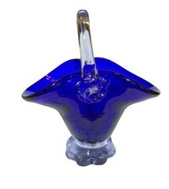 VTG Cobalt Blue Art Glass Heavy 7” Basket Trinket Holder Decor Clear Handle - $29.37