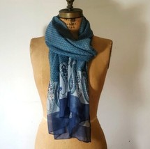 Blue Paisley Scarf Sheer Cotton Lightweight Long Wide Neck Shawl Wrap - $11.76