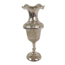 Vintage Etched Silvertone Over Brass 6&quot; Pedestal Bud Flower Vase, India - £14.01 GBP