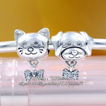 925 Sterling Silver Pet Cat and Bow Charm / Pet Dog and Bone Charm - £13.63 GBP