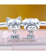 925 Sterling Silver Pet Cat and Bow Charm / Pet Dog and Bone Charm - £13.68 GBP