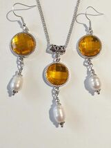 Pearl yellow Victorian Silver jewelry set yellow set necklace earrings B... - €44,65 EUR