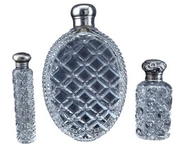 c1880 3 Cut Glass Perfume Bottles 2 with Sterling lids, one large flask - £197.84 GBP