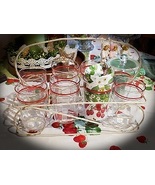 Mid Century Vintage Juice Glasses with Carrier Rack Set of 8 Red & Clear - $46.95