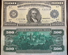 Reproduction Copy 1918 $500 Federal Reserve Note Currency USA See Descri... - £3.17 GBP