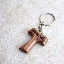 Personalized Handmade Tau Cross Keychain, Olive Wood Christian Keychain, Made in - £31.42 GBP